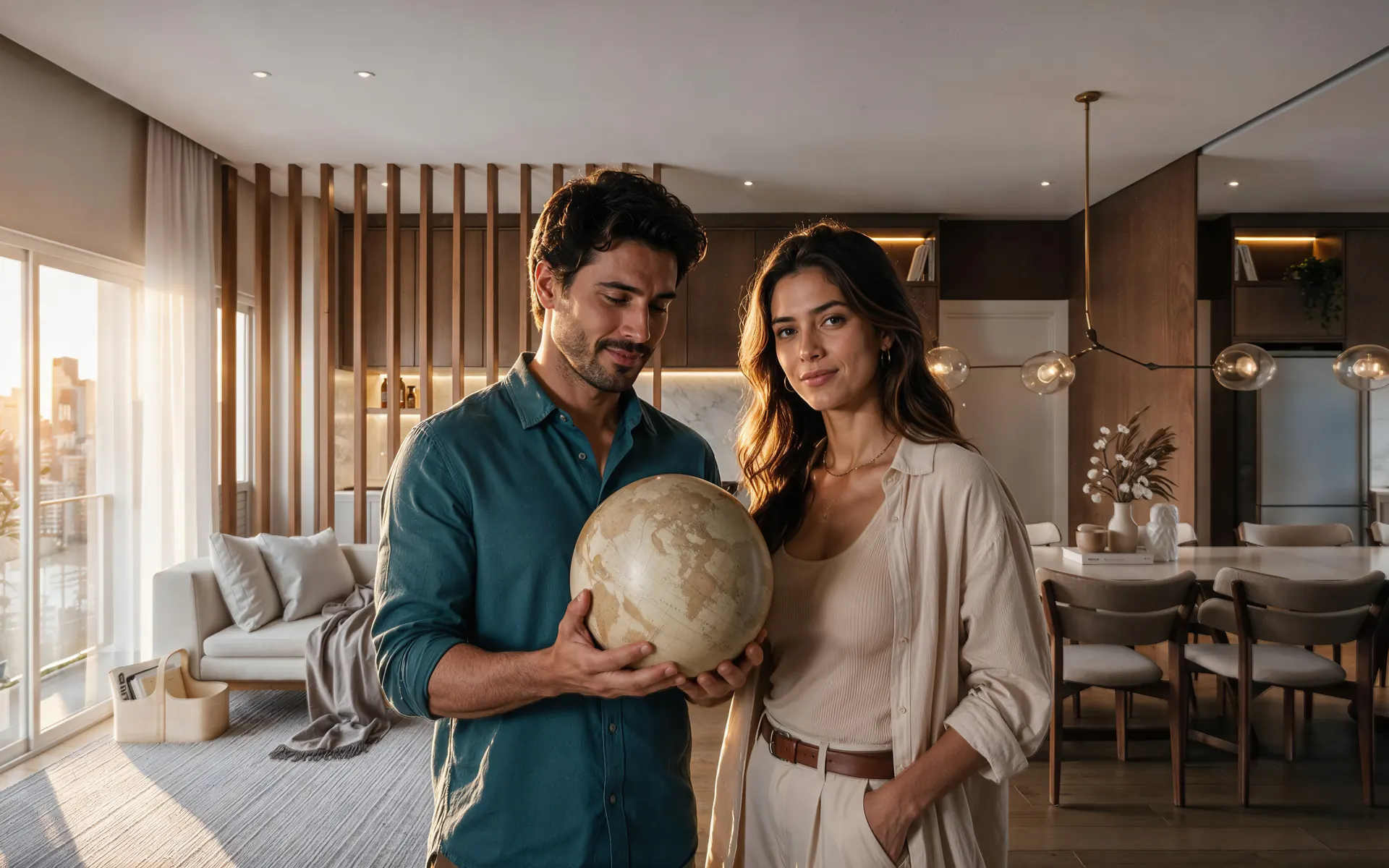 Casal segurando um globo na sala de estar de um apartamento decorado